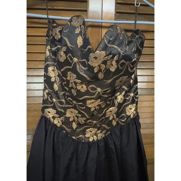 Vtg Gunne Sax By Jessica McClintock Strapless Black‎ Gold Brocade Prom Dress 9 - Picture 4 of 4